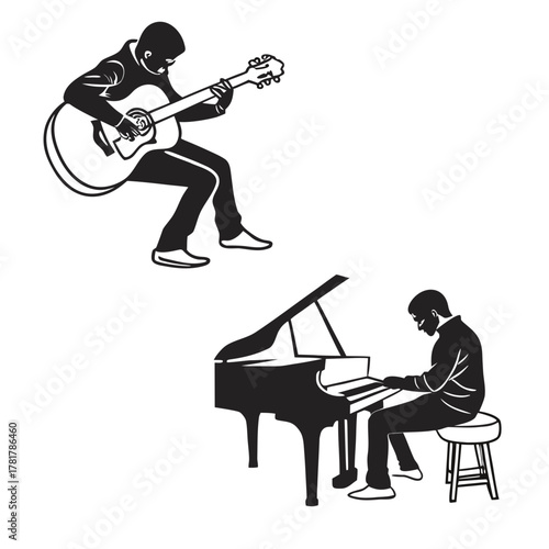 Silhouettes of a man playing acoustic guitar and a man playing grand piano