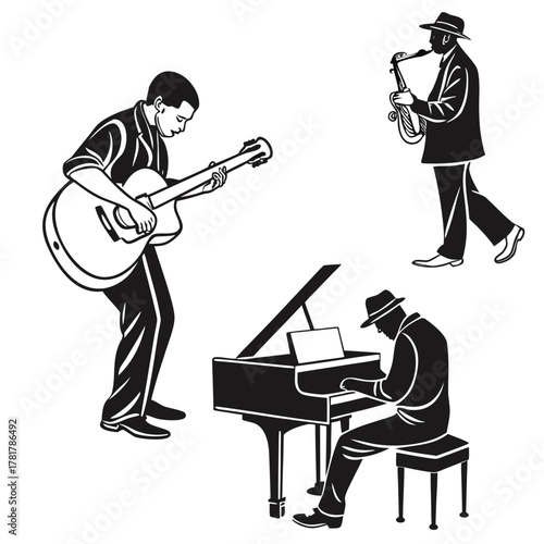 Jazz musicians playing guitar saxophone and piano in a stylized black and white illustration