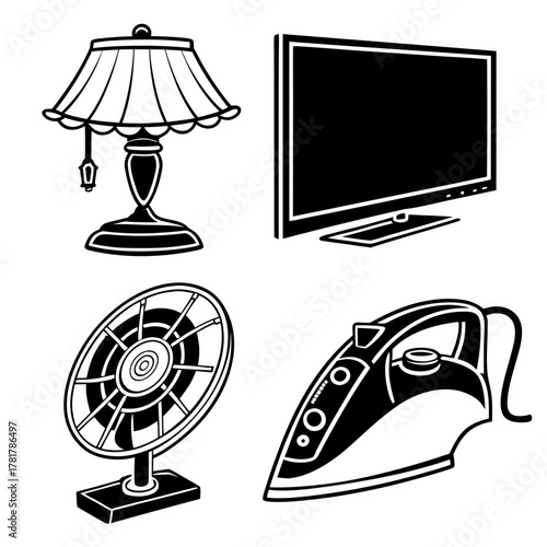 Collection of four black and white icons representing household appliances and electronics