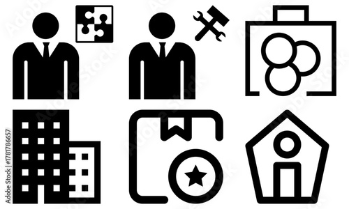 A minimal and modern startup vector, icon set representing essential business elements like idea, innovation, planning, success, and vision. Perfect for use in business presentations, pitch decks