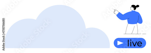 Woman with headphones gesturing next to cloud and live button. Ideal for streaming, content creation, cloud storage, online events, technology, communication, media. Clean and simple flat metaphor
