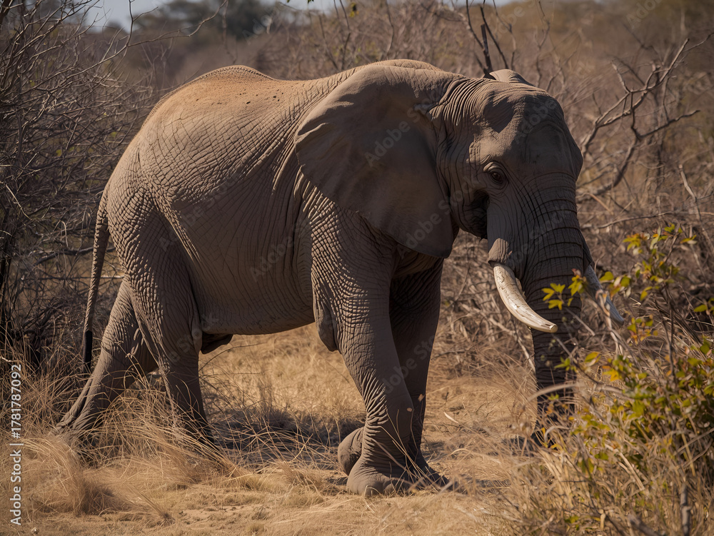 Fototapeta premium A large African elephant walks on a dry savannah with a backdrop of trees and a warm sky typical of the African continent.