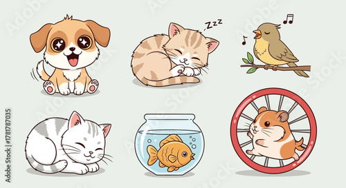 Adorable cartoon domestic animals set