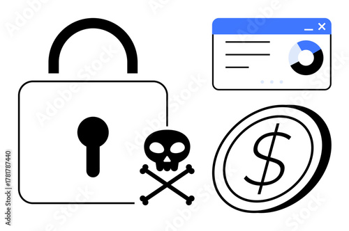 Large padlock, skull and crossbones, currency coin, and analytical dashboard representing security, hacking, and data protection. Ideal for cybersecurity, ransomware, protection risk theft
