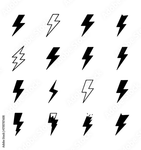 Set of 16 Hand Drawn Sketch Thunder Lightning Bolt Symbols and Simple Icons