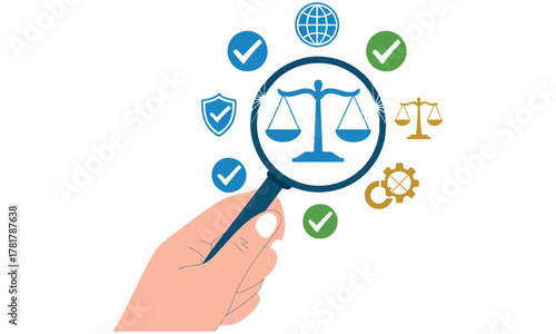 Law and justice concept illustration with magnifying glass and balance scale for legal analysis design 
