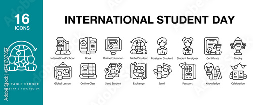 International Student Day icon set. Includes international, student, education, campus, university and More. Editable Stroke Icon Collection.