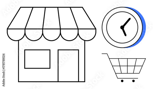 Retail store with striped awning, clock for time representation, and shopping cart for purchase or delivery. Ideal for commerce, management, schedule, retail planning, productivity, time-saving