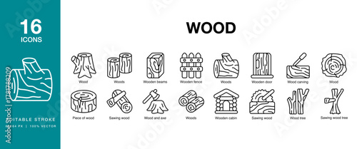 Wood icon set. Includes wood, timber, lumber, plank, board, log and More. Editable Stroke Icon Collection.