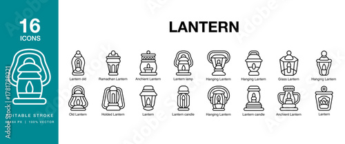 Lantern icon set. Includes lantern, lamp, light, glow, flame, candle and More. Editable Stroke Icon Collection.