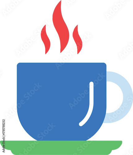 Blue coffee cup with steam on green saucer flat illustration vector