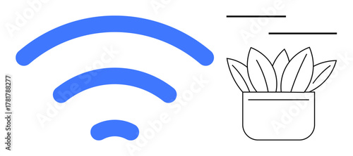 Blue wireless signal icon paired with a minimalistic outline of a potted plant. Ideal for modern connectivity, technology, balance between nature and tech, eco design, digital innovation, smart