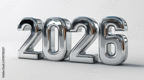 Reflective Silver 2026 3D Number Typography