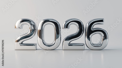Polished Chrome 2026 3D Text Isolated on Light Background