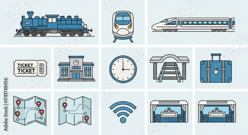 Illustration showing various modes of train travel and related elements in a flat vector art style