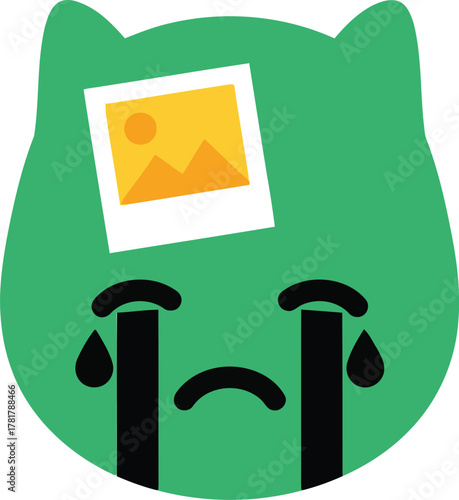 Sad cat emoji crying over old photo memory vector