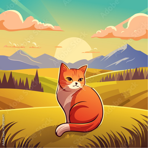 idyllische Landschaft mit einer Katze, siesitzt auf einem Feld, im Hintergrund sind berge und Bäume und die Sonne steht am Himmel