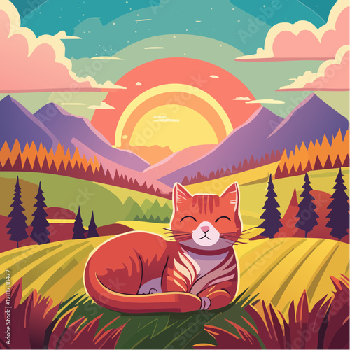 idyllische Landschaft mit einer Katze die auf einem Feld liegt, im Hintergrund sind Berge, Täler und Bäume, die Sonne geht auf oder unter