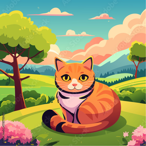 idyllische Landschaft mit einer Katze , sie sitzt auf einer Wiese, im Hintergrund sind Berge und Bäume und die Sonne steht am Himmel