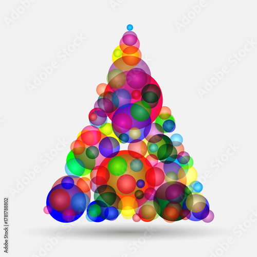Christmas tree made of balls. Multicolored balls in the shape of a New Year tree. Christmas poster.