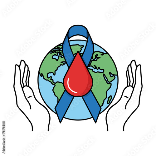Caring hands holding the globe with a blue awareness ribbon and blood droplet, a powerful symbol of support and care for World Diabetes Day campaign