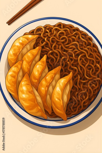 Anime Style Gyoza and Noodles Illustration – Japanese Food Art in Warm Tones 