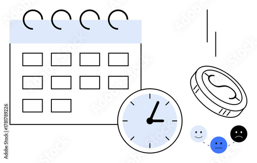 Calendar, clock, coin, and emotive faces representing scheduling, deadlines, budgeting, financial decisions, productivity emotional impact. Ideal for business time management strategy emotions