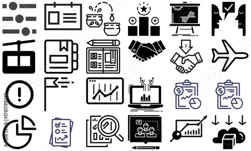 A minimal and modern startup vector, icon set representing essential business elements like idea, innovation, planning, success, and vision. Perfect for use in business presentations, pitch decks