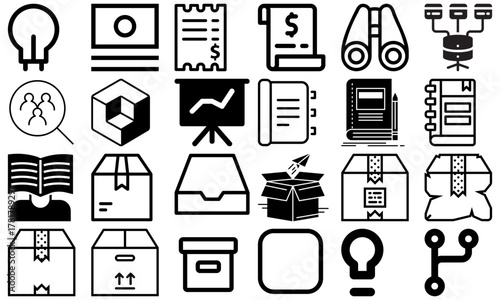 A minimal and modern startup vector, icon set representing essential business elements like idea, innovation, planning, success, and vision. Perfect for use in business presentations, pitch decks