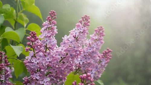 Close-up of a fragrant purple lilac bush blooming in soft focus lighting during springtime, emphasizing color and texture