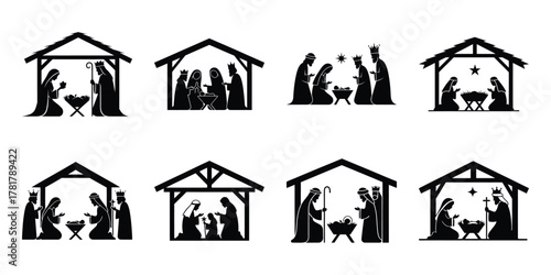 nativity scene silhouette vector icon set
