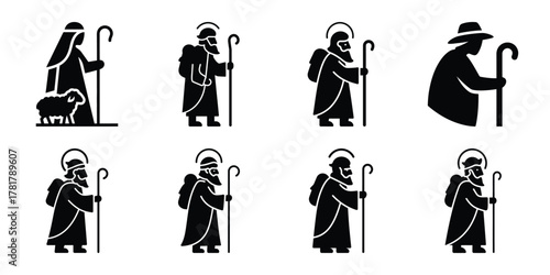 shepherd with staff silhouette vector icon set