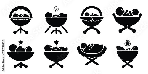 baby manger silhouette vector icon set