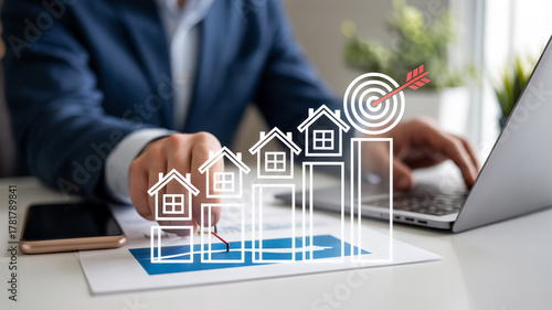 Professional business person analyzing housing market growth with digital tools finance