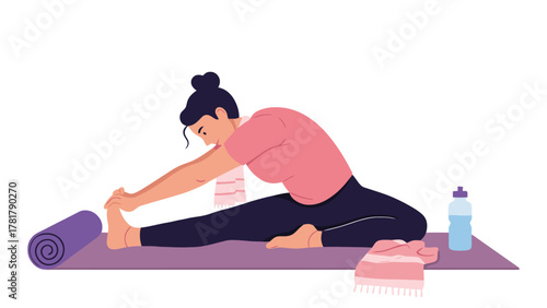Woman practicing yoga stretching forward on a mat with a water bottle nearby.