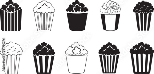 Popcorn Bucket Silhouette Vector Collection. Black and White Design.