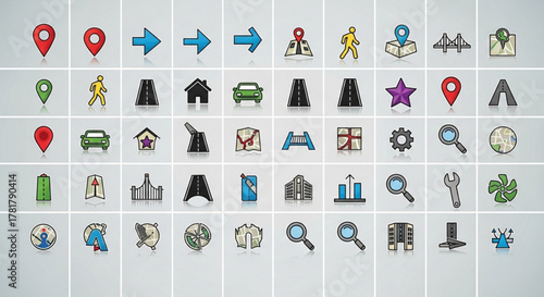 Illustration of various navigation and location icons including maps, roads, and directional arrows