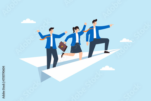 Flat illustration of manager leading teamwork flying on paper airplane symbolizing business success company growth leadership strategy and employee motivation