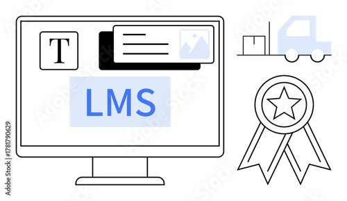 Computer screen featuring LMS dashboard, text, image, logistics truck, goods, and certification badge. Ideal for education, online training, e-learning logistics delivery rewards simple flat