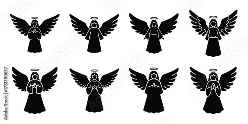 guiding angel silhouette vector icon set