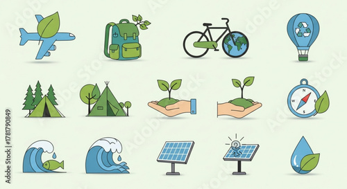 Illustration showing various eco friendly and sustainable living icons on a light background color scheme