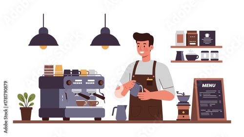 Smiling Barista Preparing Coffee in a Cafe.