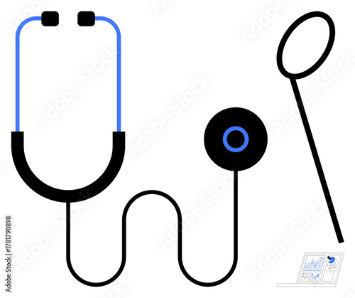 Stethoscope, otoscope, and laptop highlight diagnostic tools, modern medicine, and technology use. Ideal for healthcare, diagnostics, telemedicine, medical training wellness checkups