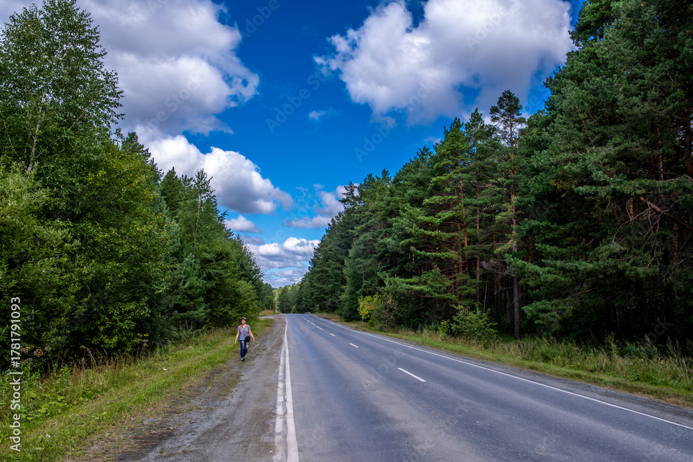 Fototapeta premium A highway without cars in the middle of a forest on a summer day.