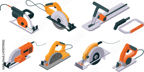 isometric illustration set of power tools with circular saws electric cutters and woodworking equipment for construction and carpentry work