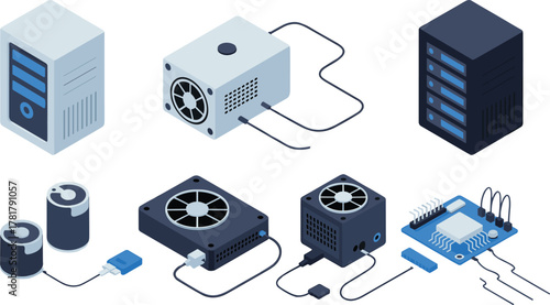 isometric illustration of computer hardware components including servers processors hard drives and cooling systems for technology data center concept