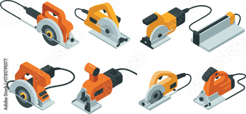 isometric illustration set of power tools with circular saws electric cutters and woodworking equipment for construction and carpentry work