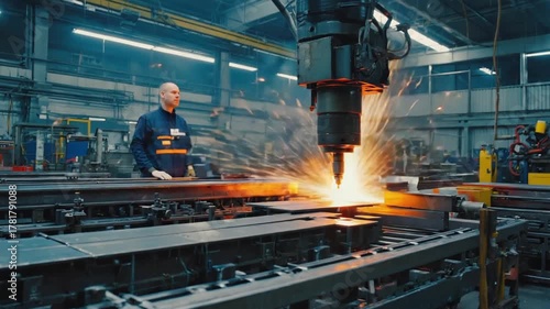Close-up of a factory worker using a plasma torch to cut metal, creating bright sparks in an industrial fabrication workshop