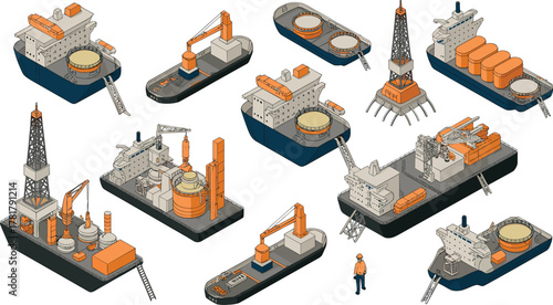 Isometric offshore oil and gas industry equipment set with drilling platform, cargo ship, oil rig, engineer worker, and industrial vessels illustration