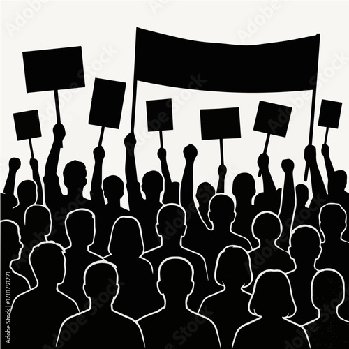 Black and White Protest People Silhouette Vector, Crowd Clipart